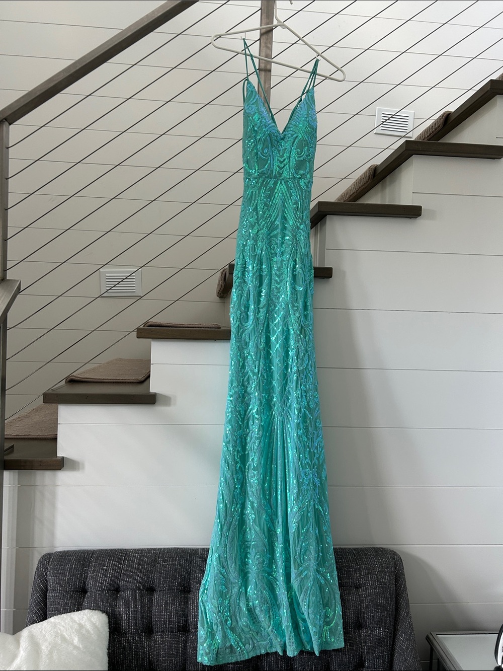Windsor Teal Sequin Spaghetti-Strap Prom Gown